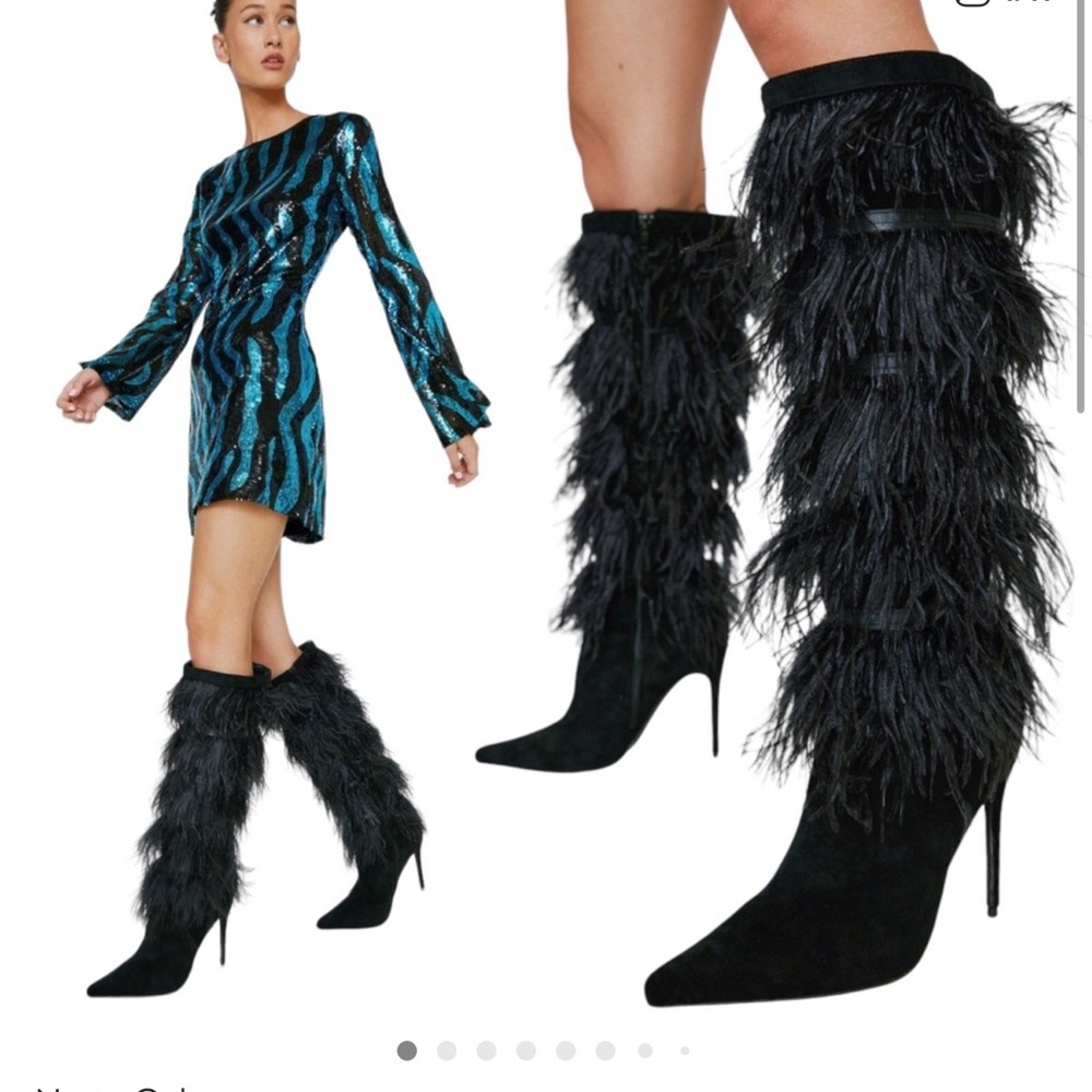 Nasty Gal Black Feather-Trim Over-the-Knee Stiletto Boots
